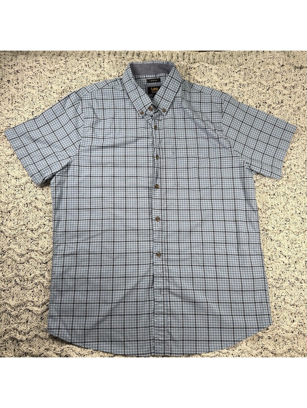 Lee Shirt Mens Large Blue Plaid Short Sleeve Button Up Stretch Cotton
